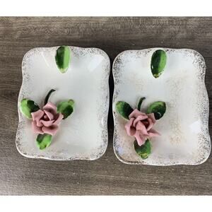 Porcelain 3D Rose 2 Trinket Dishes Japan Vintage Rectangle Plate